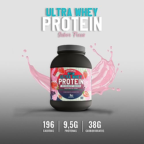 OPTIMAL LIFE ultra whey protein fresa - proteina whey pura - proteina en polvo - gana masa muscular rapido - colageno + magnesio - tonifica y mejora tus entrenamientos