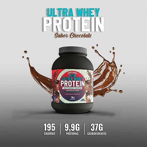 OPTIMAL LIFE Whey Protein Chocolate - Proteina whey pura - Proteina en polvo - Aumenta masa muscular - Colageno + Magnesio - Tonifica y mejora tus entrenamientos