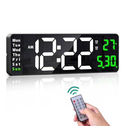 ORIA Reloj de pared digital, 16" LED de pared con pantalla grande, despertador digital con mando a distancia, 2 juegos de alarma, brillo ajustable y temporizador, hora/fecha/temperatura, para