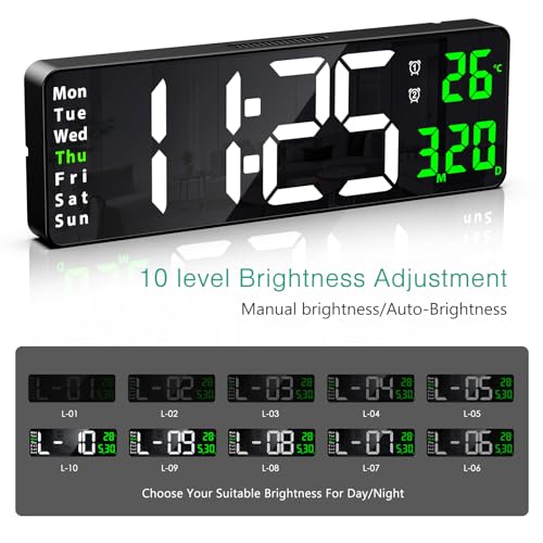 ORIA Reloj de pared digital, 16" LED de pared con pantalla grande, despertador digital con mando a distancia, 2 juegos de alarma, brillo ajustable y temporizador, hora/fecha/temperatura, para