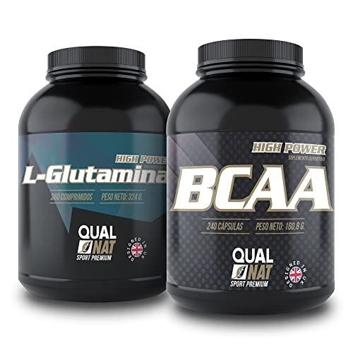 Pack de BCAA y L-Glutamina - Suplementos para Ganar Masa Muscular -Formato de 240 y 360 Cápsulas - Reduce el Catabolismo y Acelera la Recuperación - Favorece el Crecimiento Muscular - QUALNAT