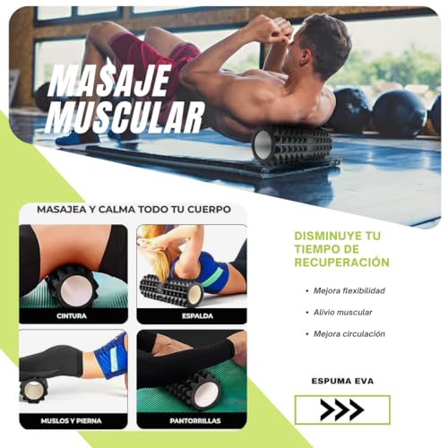 Pack Entrenamiento muscular y fitness: Rodillo masajeador espuma EVA cilindro Foam Roller/Bandas de cintas elásticas de resistencia/Pelota Doble bola de masaje miofascial cacahuete fisio-terapéutica