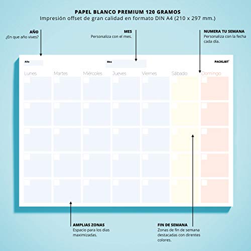 PACKLIST Planificador Mensual A4, Organizador - Agenda Calendario Perpetuo 2023/24/25 - Monthly Planner con 25 Hojas.