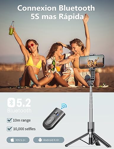 Palo Selfie Trípode Mejorado - 2 Luces de Relleno, Tripode para Movil 114 CM Extra Largo con Control Remoto Desmontable, Compatible con la Mayoría de Teléfonos iPhone, Samsung y GoPro