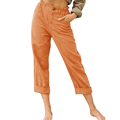 Pantalones de lino de algodón para mujer, casuales, sueltos, de playa, color sólido, cómodos, con botones, pierna recta, transpirables, pantalones deportivos para mujer, 01-naranja, XXL