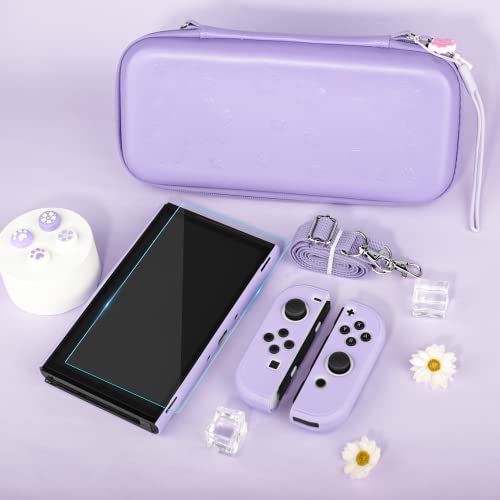 Paquete de fundas para Nintendo Switch OLED Accesorios, funda de transporte para Switch OLED funda protectora rígida y protector de pantalla, 4 agarres para pulgar, correa para el hombro (púrpura)
