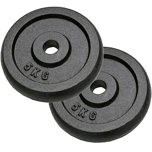 Par de 2 discos de hierro fundido, agujero Ø 28 mm, pesos de gimnasio de 5 kg, hierro fundido, agujero Ø 28 mm, 2 x 5 cm, total 10 kg para barra o mancuernas