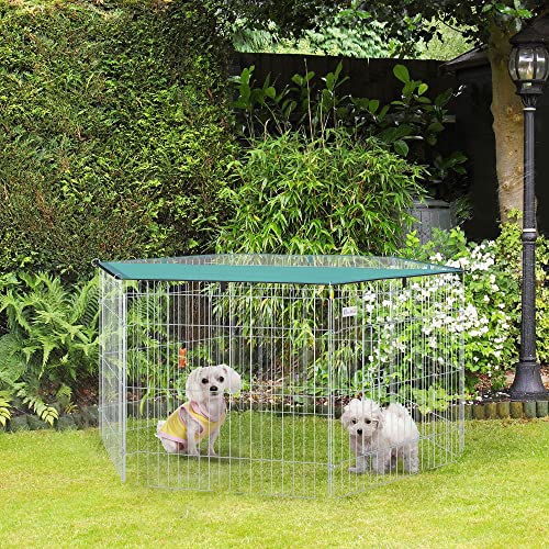 PawHut Parque de Juegos para Perros 6 Paneles 59x60 cm Plegables Valla Metálica para Mascotas con Puerta con Pestillo y Toldo Superior para Jardín Patio Exterior Plata
