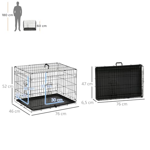 PawHut Transportín de Perro de 2 Puertas Jaula de Alambre para Perros Plegable con Asa Acero 76x46x52 cm Negro