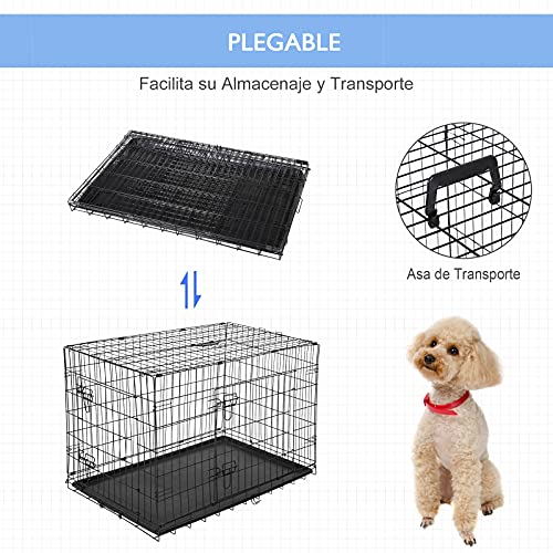 PawHut Transportín de Perro de 2 Puertas Jaula de Alambre para Perros Plegable con Asa Acero 76x46x52 cm Negro