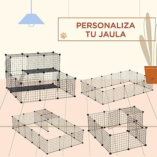 PawHut Valla para Animales Pequeños DIY con 24 Paneles Parque para Mascotas con Malla Metálica Jaula Modular para Cobayas Conejos Chinchillas 105x105x70 cm Negro
