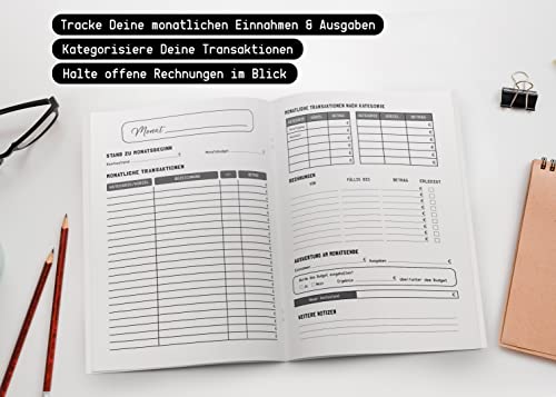 Planificador financiero DIN A4 – Rastrea ingresos mensuales, gastos y presupuesto – Planificador de dinero en alemán con 36 páginas, planificador para ahorrar y controlar tus costes fijos mensuales,