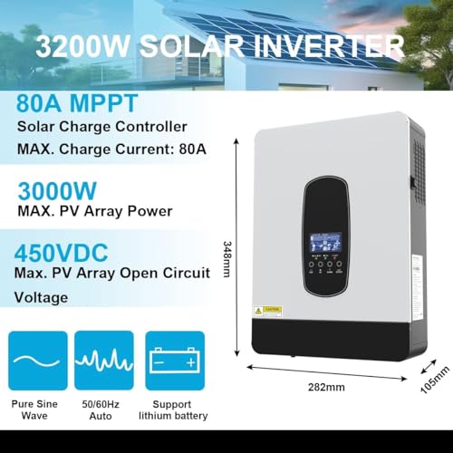 PMSUN Inversor Solar híbrido de 3 kW DC24 V a CA 230 V, inversor sinusoidal Puro Independiente de la Red con Cargador Solar MPPT de 80 A + Cargador de CA, máx. PV 3000 W DC130-430 V