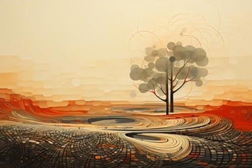 Póster de 60 x 40 cm: diseño de campo de árbol, chung, naranja, hierba, tonos dorados, suelo, paisaje, formas de rayo, compuesto por capas (210816874)