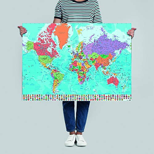 Póster Mapa del Mundo con Banderas y Leyenda - Versión en Español (91,5cm x 61cm) + 2 marcos transparentes con suspención