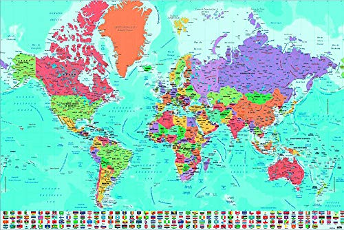 Póster Mapa del Mundo con Banderas y Leyenda - Versión en Español (91,5cm x 61cm) + 2 marcos transparentes con suspención