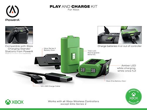 Power A Play and Charge Kit de Carga para Mandos Xbox One y Xbox X|S, Cargador Compatible con Base de Carga de Xbox, 2 Baterías Recargables con Indicadores LED, 4 Tapas de Batería – Negro y Verde