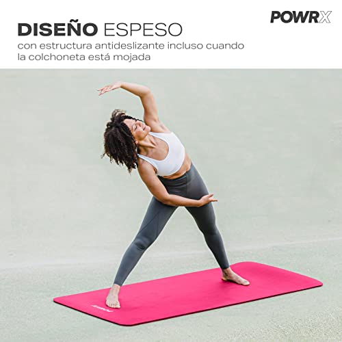 POWRX Colchoneta fitness antideslizante 190 x 60 x 1,5 cm - Esterilla deporte ideal para yoga, pilates y gimnasia - Extra suave - Ecológica con cinta para transporte y funda + Poster (Pink)