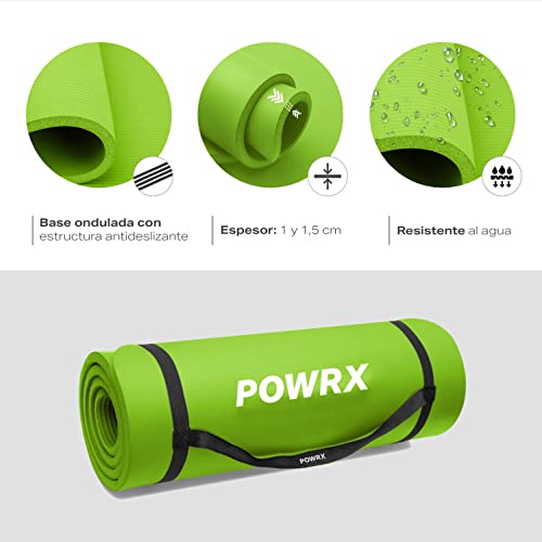 POWRX Colchoneta fitness antideslizante 190 x 80 x 1,5 cm - Esterilla deporte ideal para yoga, pilates y gimnasia - Extra suave - Ecológica con cinta para transporte y funda + Poster (Verde)