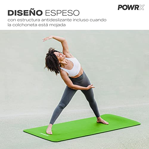 POWRX Colchoneta fitness antideslizante 190 x 80 x 1,5 cm - Esterilla deporte ideal para yoga, pilates y gimnasia - Extra suave - Ecológica con cinta para transporte y funda + Poster (Verde)