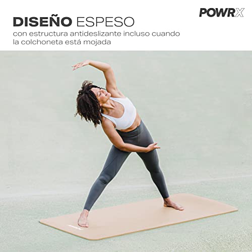 POWRX Colchoneta Fitness Antideslizante - Esterilla deporte ideal para Yoga, Pilates y Gimnasia - Extra Suave - Ecológica con Cinta para Transporte y Funda + Poster (190 x 60 x 1,5 cm, Beige)