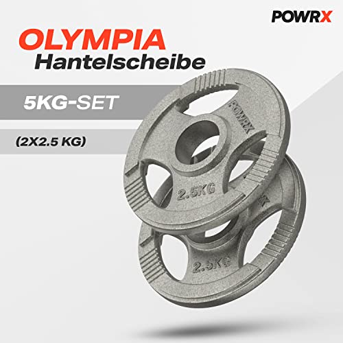 POWRX Discos olímpicos 5 kg set (2 x 2,5 kg) - Pesas ideales para mancuernas y barras olímpicas con diámetro 50 mm (Plata)