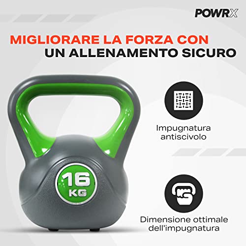 POWRX Kettlebell de hormigón 16 kg - Pesa rusa con revestimiento de vinilo - Base con goma antideslizante + PDF workout (Verde claro)