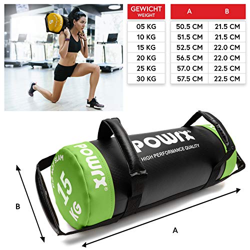 POWRX Sandbag 15 kg Mejorar Equilibrio, Fuerza y coordinación - Power Bag con Cuatro agarres + PDF Workout (Verde Claro)