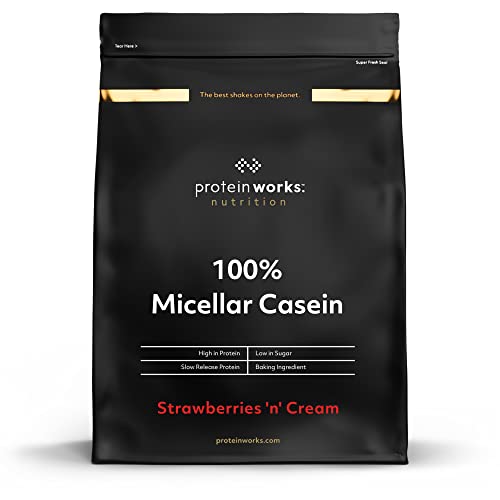 Protein Works| 100% Caseína Micelar | Sabor fresas con nata, 1 kg | Proteína de liberación lenta para antes de dormir