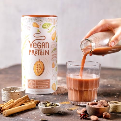 Proteína Vegana - Sabor CHOCOLATE - Proteína Vegetal de Soja, Arroz, Guisantes y semillas de Cáñamo, lino, amaranto, girasol y calabazas germinadas - Vegan protein endulzado - 600 gr