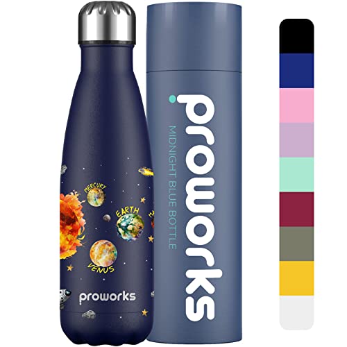 Proworks - Midnight Blue Planets Botella de agua deportiva acero inoxidable con doble aislamiento para mantener las bebidas calientes 12 horas y frías 24 uso doméstico, en el trabajo, gimnasio