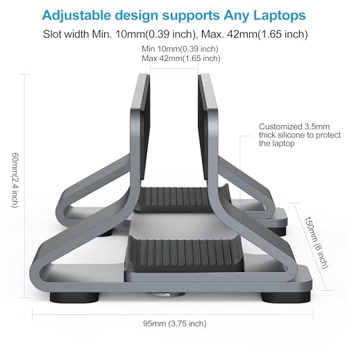 Psitek Soporte Vertical para Ordenador Portátil de Aluminio, Almacenamiento Vertical Ahorrador de Espacio para Todas Las MacBooks y Laptops, Ancho de Ranura Ajustable 10-42mm,Versión 2023