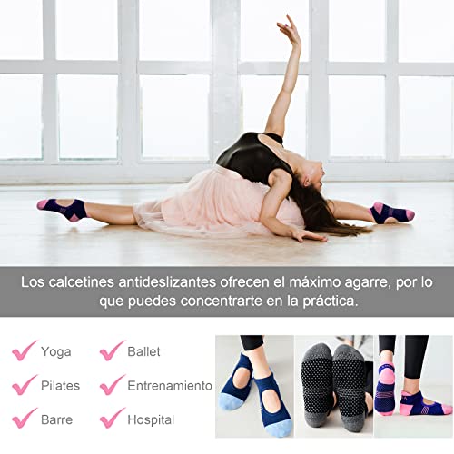 PUTUO Calcetines de Yoga Antideslizantes para Mujer: Calcetin Pilates para Mujeres para Yoga Danza Deporte Ballet Tamaño 37-42 Rosa Negro Azul 3 pares
