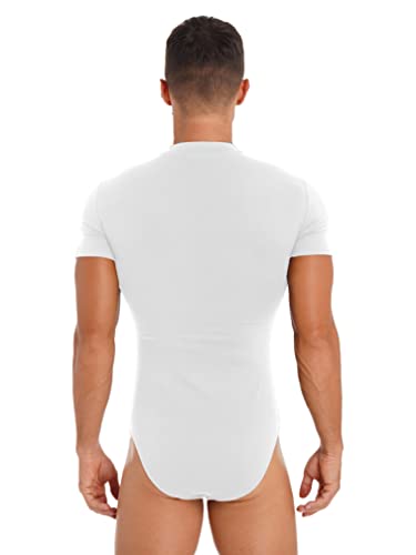 ranrann Body Camiseta Manga Corta para Hombre Bodysuit Deportiva Leotardo Ajustado de Algodón Maillot Mono Elásico Slim Fit Gimnasia Danza Bañador B Blanco L