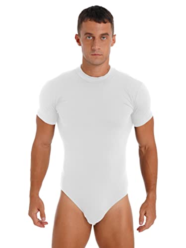 ranrann Body Camiseta Manga Corta para Hombre Bodysuit Deportiva Leotardo Ajustado de Algodón Maillot Mono Elásico Slim Fit Gimnasia Danza Bañador B Blanco L