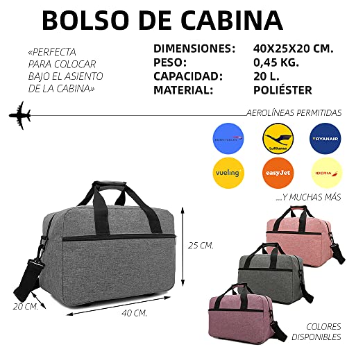 RAYKONG Bolsa de Cabina Ryanair 40x20x25 cm Equipaje de Viaje Mano Avion Bolso de Cabina Correa Regulable con Refuerzo para el Hombro.(Cab1-Gris)
