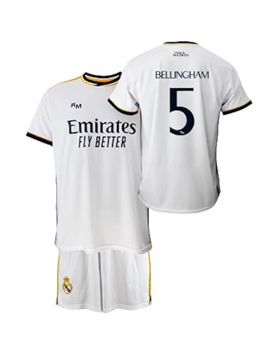 Real Madrid Conjunto Niño Camiseta y Pantalón Primera Equipación de la Temporada 2023-2024 - Bellingham 5 - Replica Oficial con Licencia Oficial - Niño (10 Años)