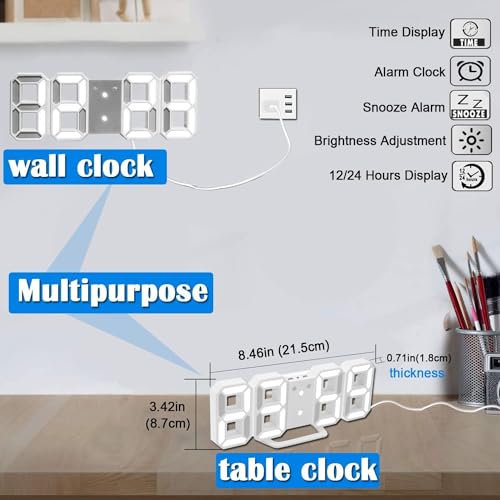 Reloj de pared digital LED 3D, reloj de pared electrónico, regulable, luz nocturna, reloj despertador recargable con USB, indicador de fecha y temperatura, ideal para casa, oficina, cocina, hotel