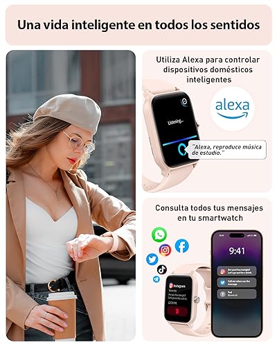 Reloj Inteligente Mujer Hombre con Voz de Alexa y Llamadas, 1.8" Smartwatch con Oxímetro/Pulsómetro/Monitor Sueño/Podómetro, 100 Modos Deportivos, Impermeable IP68 Regalo Mujer Hombre para Android iOS