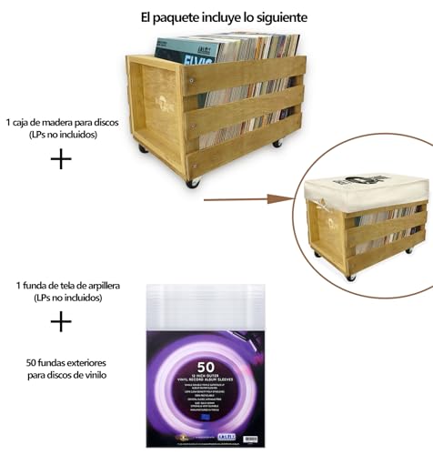 Retro Musique wooden 12 "lp vinil Records Storage Box con capacidad máxima para 100 discos en ruedas (manguitos de pvc), la portada de Hesse incluye 50 chaquetas de vinilo(acabado de teca)