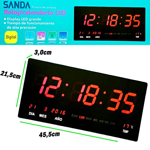 RevolutionLine - Sanda SD-0006 Reloj Digital de Pared Grande para Colgar | Led Color Rojo | Calendario | Termómetro | Fuente de Alimentacion | Alta precisión | 45 x 21,5 x 3 centímetros | Peso 1,1Kg