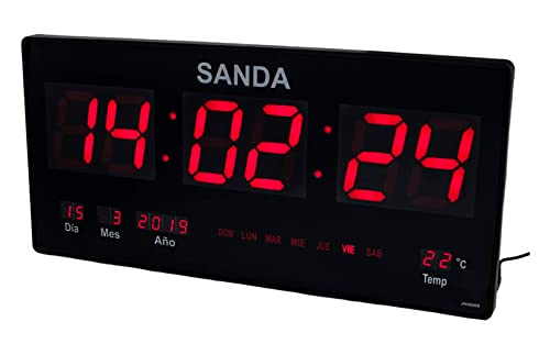 RevolutionLine - Sanda SD-0006 Reloj Digital de Pared Grande para Colgar | Led Color Rojo | Calendario | Termómetro | Fuente de Alimentacion | Alta precisión | 45 x 21,5 x 3 centímetros | Peso 1,1Kg