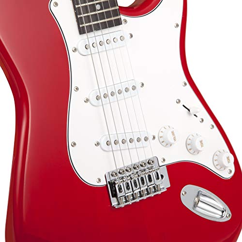 RockJam Kit de guitarra eléctrica de tamaño completo con amplificador de 10 vatios, clases, correa, bolsa de transporte, púas, golpe, plomo y cuerdas de repuesto, color rojo