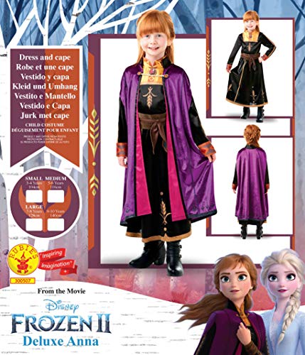 Rubies Disfraz Anna Deluxe Frozen 2 para niña, Vestido en satín de Lujo Oficial de Anna de Frozen en color violeta, negro, cobre y dorado, y capa con detalles en purpurina