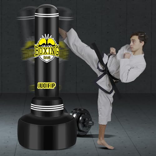 Saco de boxeo con soporte para adultos de 180 cm, bolsa de boxeo pesada independiente con guantes de boxeo y bomba de aire eléctrica, bolsas de kickboxing para entrenamiento MMA Muay Thai Fitness