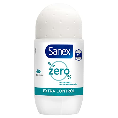 Sanex Zero% Extra Control Desodorante Roll-On, 50ml, Protección 48H, 0% Alcohol, 0% Sales de Aluminio, Cuida y Mantiene la Piel Sana, Inhibe la Formación de Olores Corporales