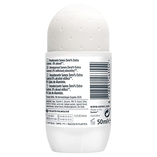 Sanex Zero% Extra Control Desodorante Roll-On, 50ml, Protección 48H, 0% Alcohol, 0% Sales de Aluminio, Cuida y Mantiene la Piel Sana, Inhibe la Formación de Olores Corporales