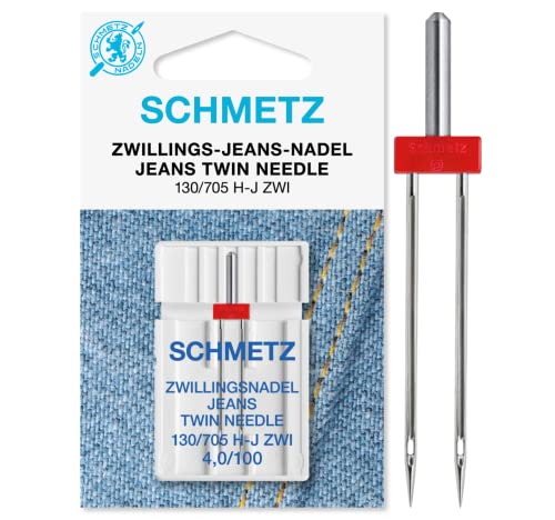 SCHMETZ - Aguja para máquina de coser | 1 Aguja Gemela para Jeans 4,0/100 | Sistema 130/705 H-J ZWI NE 4,0 | Se puede utilizar en todas las máquinas de coser domésticas con función zigzag