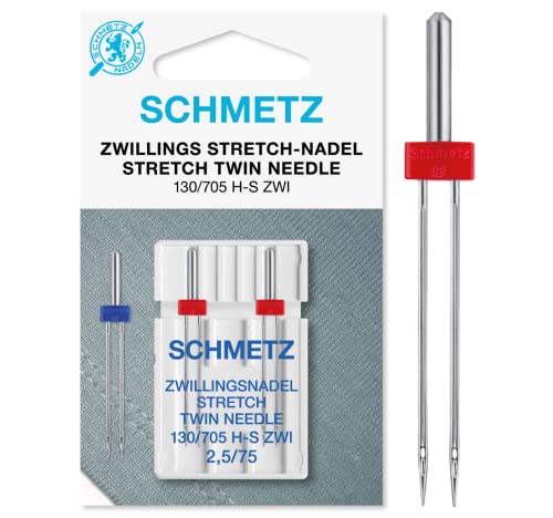 SCHMETZ - Aguja para máquinas de coser | 2 Aguja Gemela Stretch 2,5/75 | 130/705 H-S ZWI NE 2,5 | Indicada para todas las máquinas de coser domésticas que cuenten con función zigzag