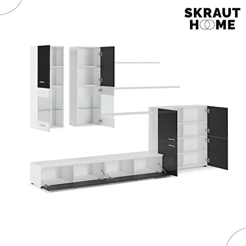 Skraut Home | Mueble para Salón | 189 x 300 x 42 cm | Sistema de Iluminación LED | Modelo Beta | Gran Capacidad de Almacenaje | Estilo Moderno | Acabado Blanco/Negro